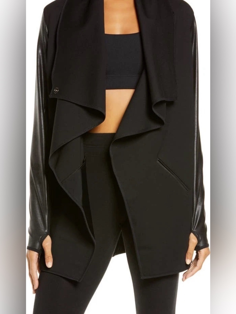 SPANX S Faux Leather Convertible Jacket Black Coat Open Front Snap